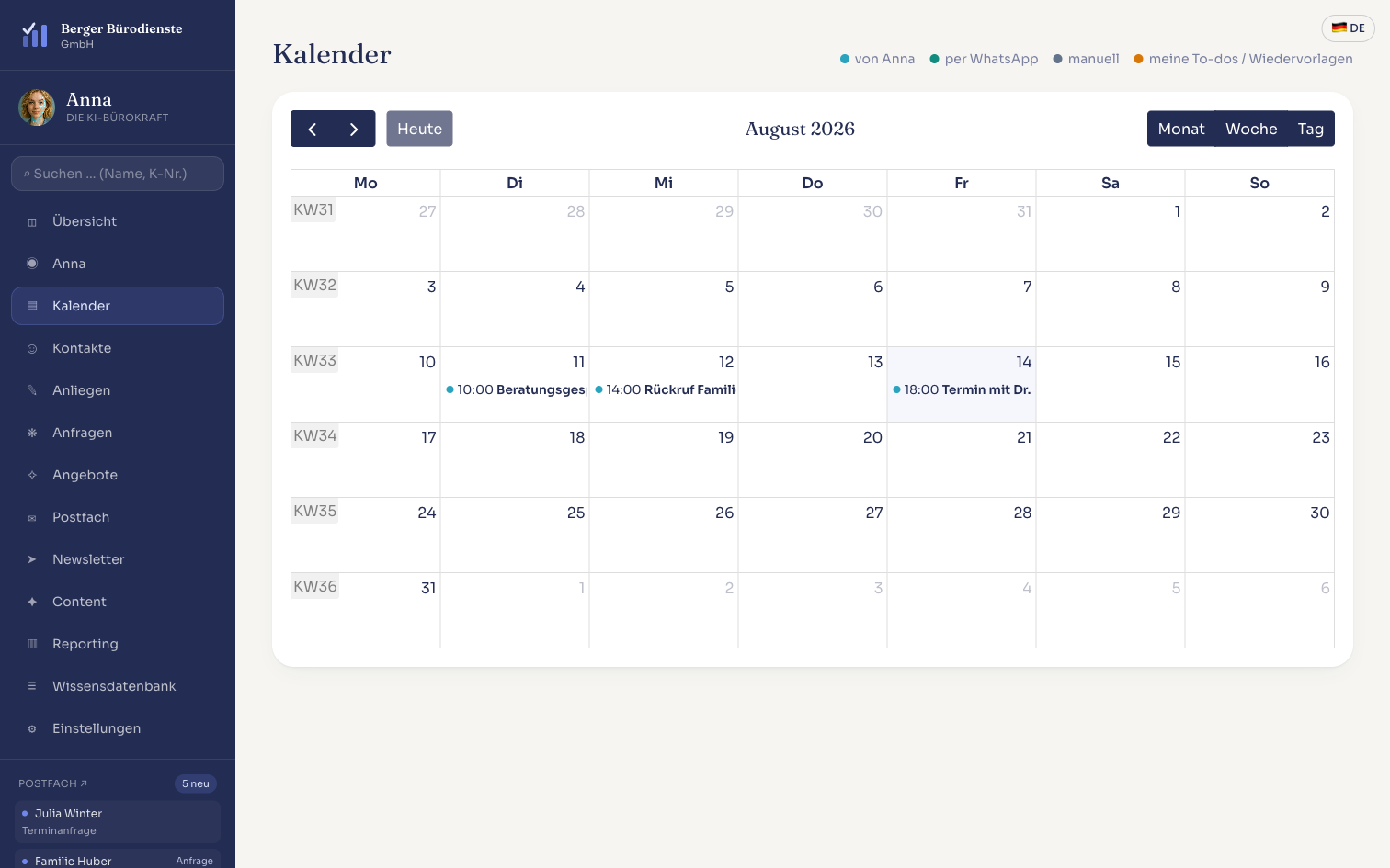 Kalender in Anna: Termine anlegen, verschieben und verwalten